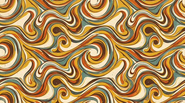 Retro psychedelic swirl pattern with wavy lines in vintage colors and textured paper vintage abstract backdrop for design