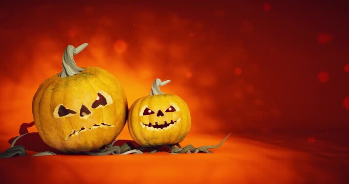 ￼Funny Halloween pumpkins talking on orange background, 3D animation of a spooky jack o lantern