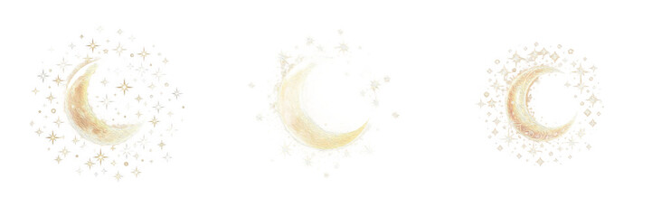 Set of glowing golden watercolor crescent moons surrounded by sparkling magic stars on transparent background PNG, isolated cutout for fantasy and night sky concepts.    © VG