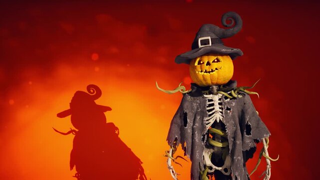 ￼Funny Halloween pumpkin head skeleton talking on orange background, 3D animation of a spooky jack o lantern with a witch hat