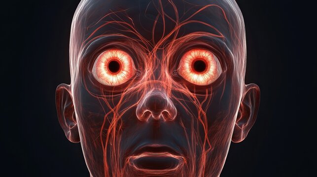 Detailed human head showcasing intricate muscle structure with glowing red eyes, presenting a medical anatomy concept