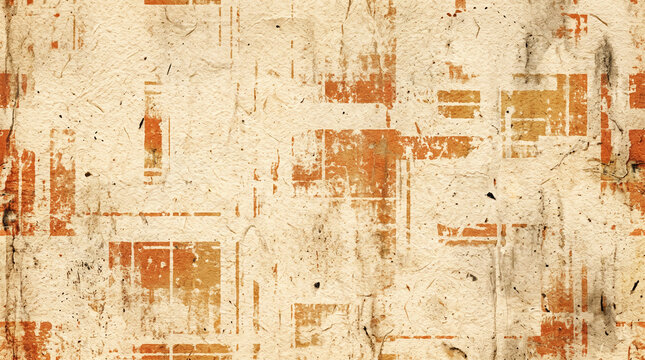 Rough textured paper surface with overlapping orange geometric blocks and faded industrial grid patterns for vintage architectural aesthetic or weathered material backdrop design projects