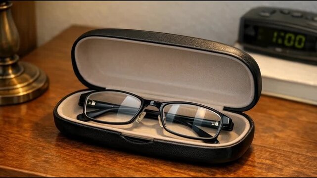 A pair of glasses in a case sitting on a table, ready to be used