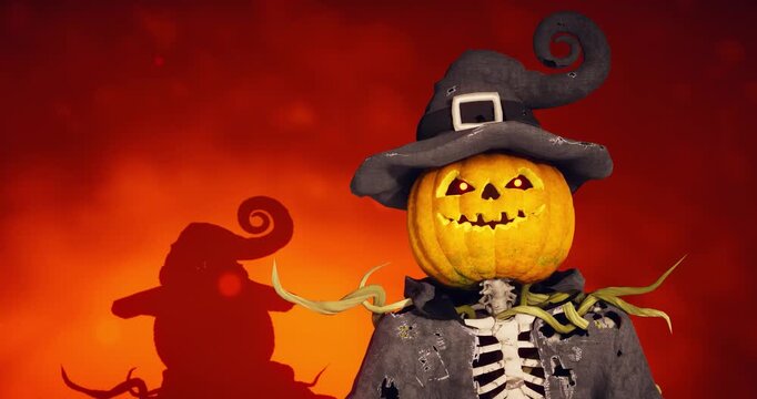 ￼Funny Halloween pumpkin head skeleton talking on orange background, 3D animation of a spooky jack o lantern with a witch hat