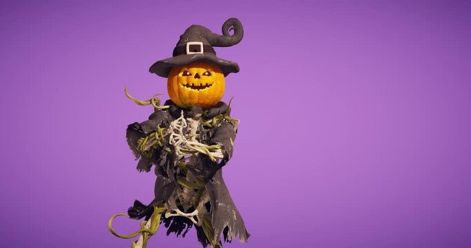Funny Halloween pumpkin head character dancing on purple background, 3D animation of a spooky jack o lantern in witch hat