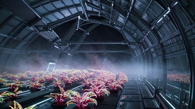 Futuristic hydroponic greenhouse tunnel filled with neon plants and low fog, rows of colorful exotic flora on conveyor beds, metallic arched corridor lit by LED strips, autonomous drones monitoring.