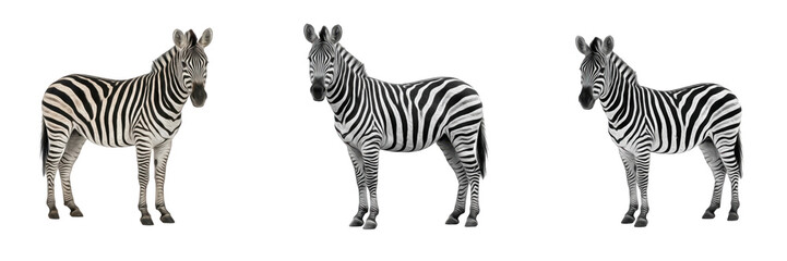 Obraz premium Set of Plains zebras (Equus quagga) with distinctive black and white stripes standing on transparent background PNG, isolated cutout for wildlife and nature concepts.