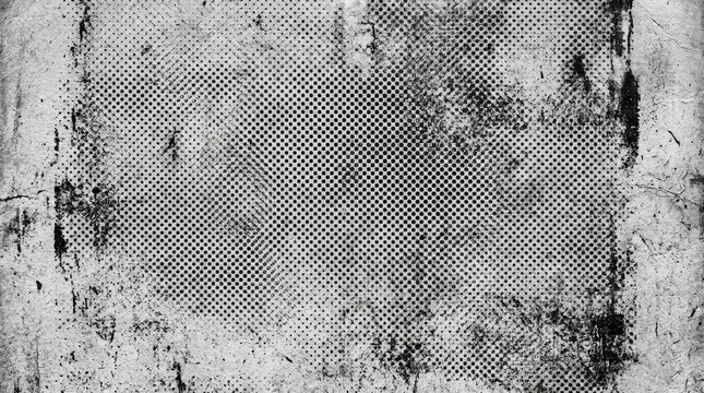 Old grunge halftone pattern on a scratched surface, distressed black and white texture with dot array and dark rough elements