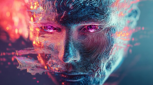 Abstract portrait reveals glowing cyan, magenta, and orange hues, digital artistry showcasing an ethereal futuristic human form