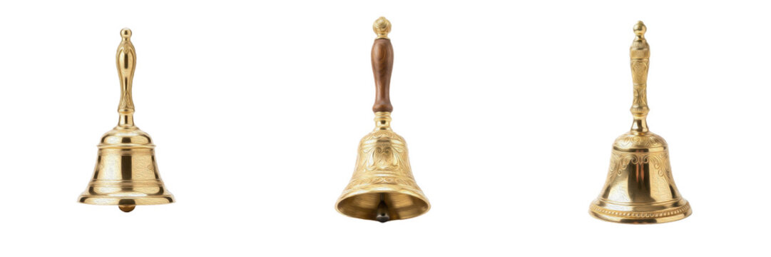 Set of polished brass hand bells with wooden and metallic handles on transparent background PNG, isolated cutout for school, reception, and holiday concepts.