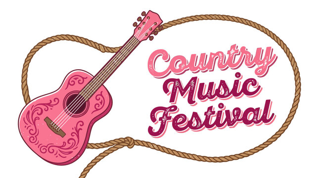 Colorful country music festival vector graphic emblem featuring pink guitar and rope on white background