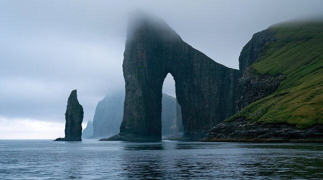 Dramatic sea stacks and rock arch formation on foggy coastline.
