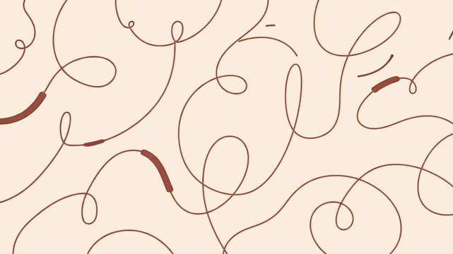 Abstract minimalist line art background featuring playful brown scribbles, looping curves, and bouncing continuous waves on a warm beige backdrop