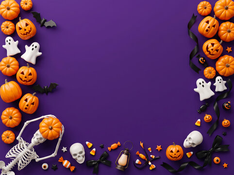 Halloween Border Frame Background with Pumpkins Jack-o-Lanterns Ghosts Skulls Skeleton on Purple Surface for Party Banner Poster Advertisement Space.