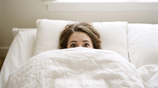 Young woman looking out from under white bed covers in a bedroom