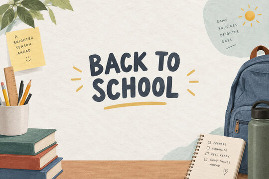 Watercolor style back to school illustration with books, pencils, a blue backpack, water bottle, and checklist notebook in a warm, welcoming classroom setting.