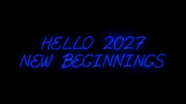Glowing blue neon text saying hello 2027 written in a cursive script on a solid black background