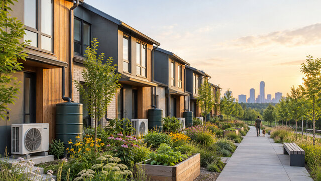 Modern townhouses with heat pumps and rainwater tanks border lush gardens and a landscaped walkway, where a person walks a dog against a distant city skyline at sunset.
