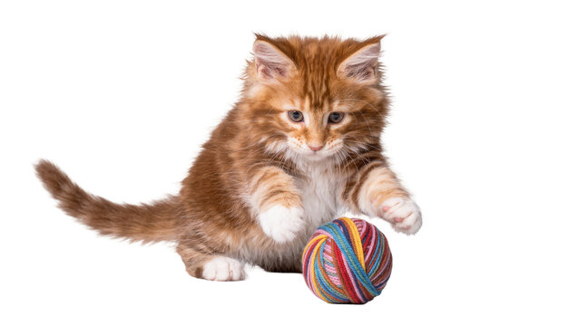 Fluffy ginger Maine Coon kitten playing with a colorful yarn ball, isolated on transparent background