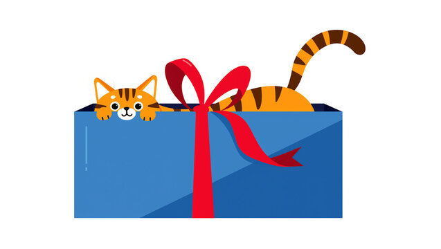 Cute tiger kitten peeking out of a blue gift box with red ribbon, isolated on transparent background