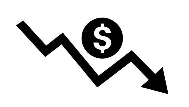 Black downward trending graph with dollar coin symbol, isolated on transparent background