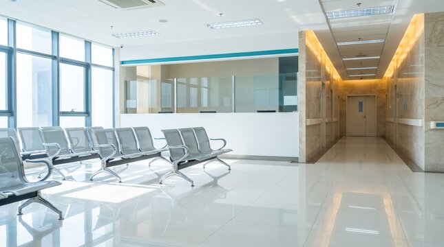 Empty hospital waiting room area with modern interior design metal chairs and bright corridor