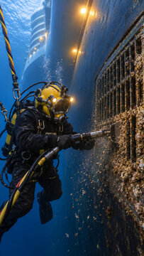 A commercial diver in a yellow helmet uses an underwater tool to remove marine growth from a ship hull, surrounded by bubbles and drifting debris.