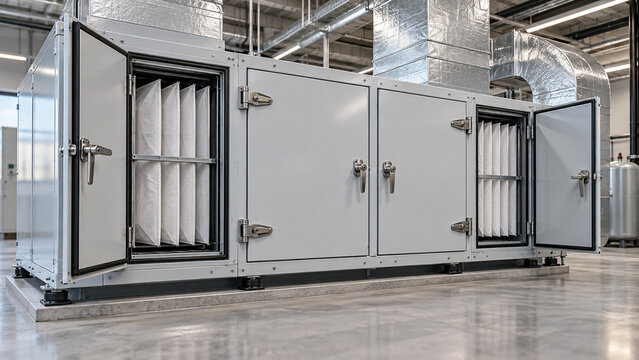 Industrial air handling unit with open access doors revealing pocket filters, connected to metallic ventilation ducts in a clean mechanical room.