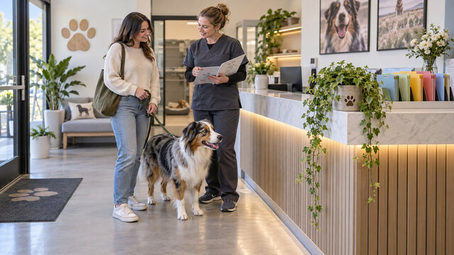 A veterinary professional reviews a folder with a smiling dog owner beside her leashed dog in a bright, modern clinic reception area.
