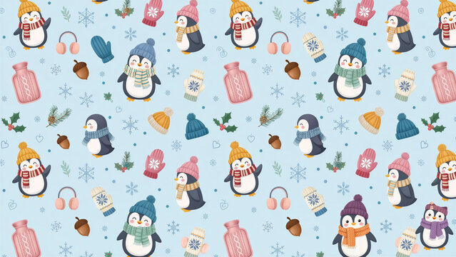 Seamless pattern of penguins and winter gear.