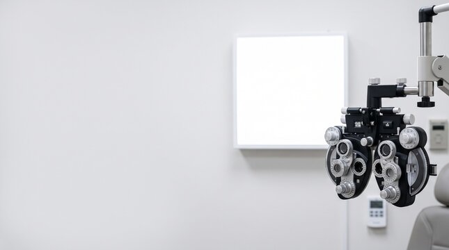 Close up completely blank white eye test chart clinical wall modern phoropter machine optometry mockup