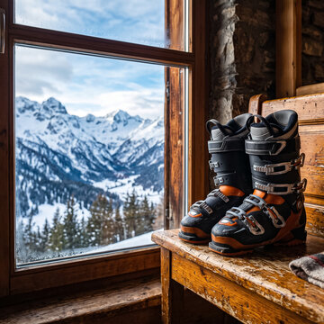 a pair of ski boots sitting on a wooden bench next to a window overlooking snowy mountain peaks cozy atmosphere inside an alpine chalet lodge after a day of skiing