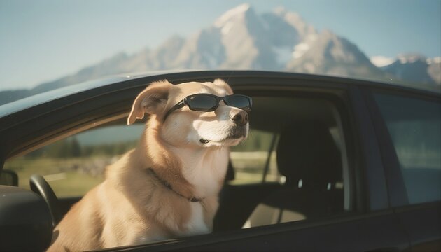 dog looking outside from the car wear black sunglass with mountain in background