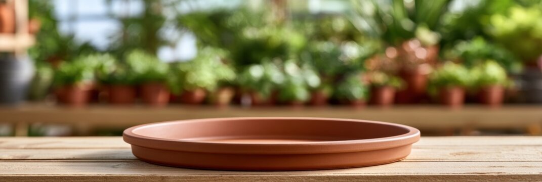 An empty terracotta pot saucer sits on a wooden surface with a blurred greenhouse filled with plants in the background.
