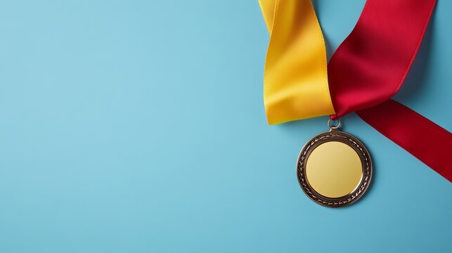 Vibrant ribbons in yellow and red hues frame a bronze medal against a soft blue backdrop, representing achievement