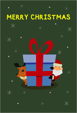 覗くサンタとトナカイの縦型クリスマスカードイラスト