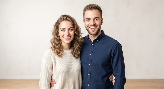 Portrait of a happy young couple with heterochromia hugging and smiling on a bright plain background.
