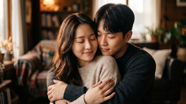 Close-up of a loving Asian couple hugging gently with eyes closed at home.
