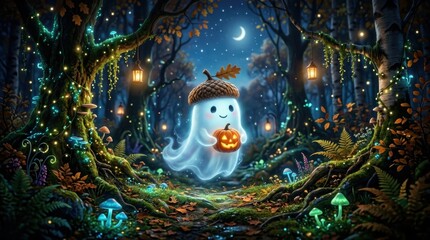 Obraz premium Magical Forest Spirit. Cute glowing ghost with acorn hat and jack-o'-lantern in an enchanted autumn woodland, Halloween 2026 seasonal festive background.