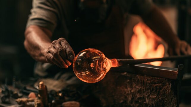 Hands of a master glassblower work with molten glass on a blowpipe in a dark workshop filled with fire light.