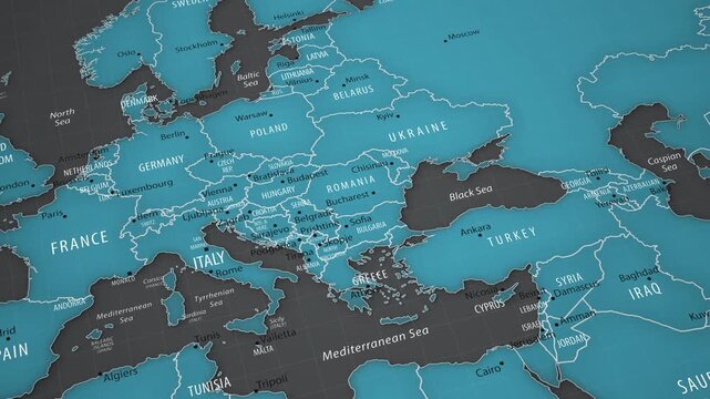 Animated political map showing Romania in Southeastern Europe with smooth camera movement. Detailed geographic view with national borders, neighboring countries, capital and surrounding regions.