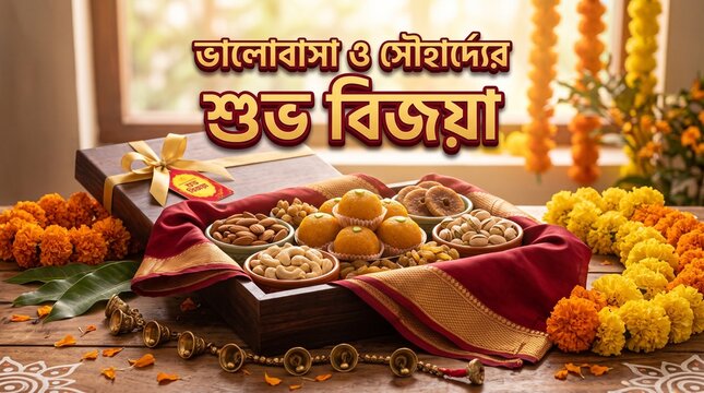 Subah Bijoya greeting card with traditional sweet laddoos, dry fruits and marigold flowers