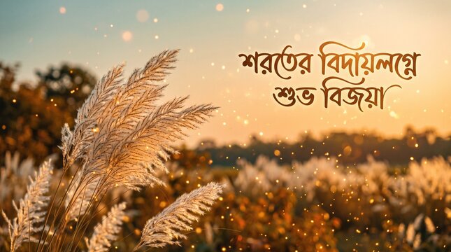 Kash flowers photo in autumn sunset with Bengali greeting text and glowing light bokeh