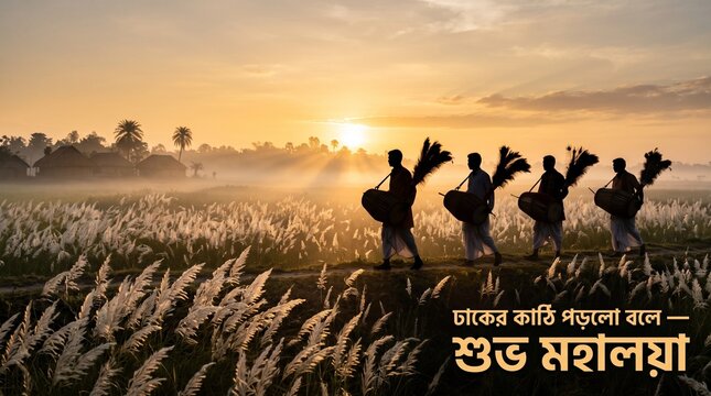 Durga Puja Dhakis walking through Kash flower field at sunrise in rural Bengal photo
