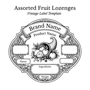 Assorted fruit lozenges vintage label design with detailed engraving and sketch art