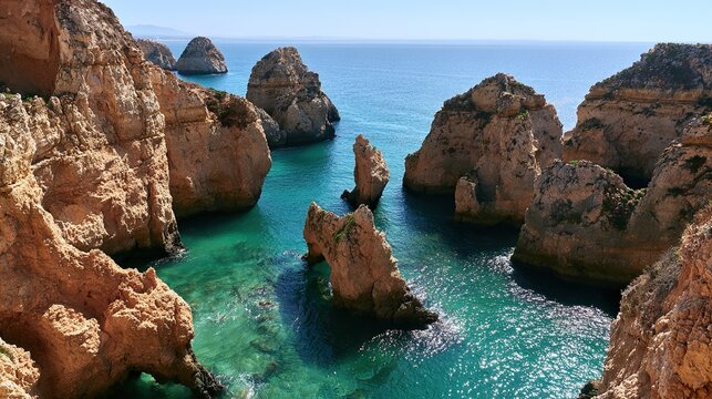 Dramatic sea stacks and rock formations in turquoise water along rugged coastline.