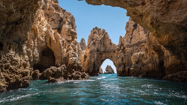 Dramatic sea stacks and rock formations in turquoise water along rugged coastline.