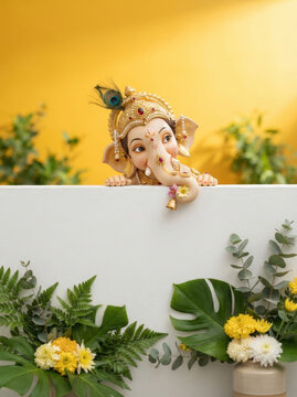 Ganesha idol peeking over a white surface with floral arrangements and monstera leaves against yellow background.