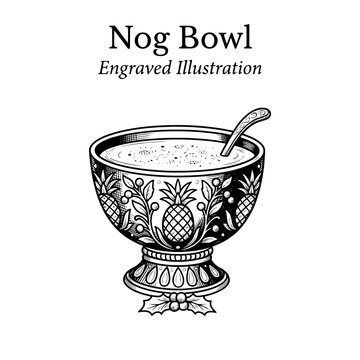 Nog bowl engraved illustration shows a detailed design with a spoon and decorations
