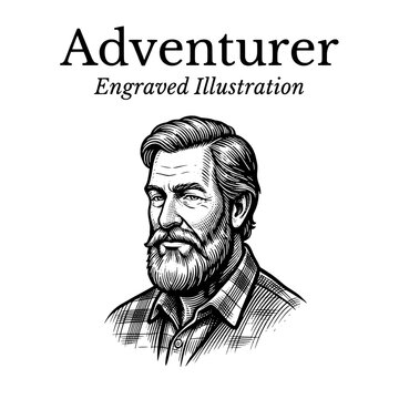 Engraved portrait of a man with a beard and checkered shirt in vintage style